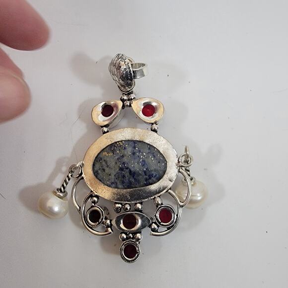 Handmade Sterling Silver Pendant with Lapis Lazuli Garnet Accents and Pearl Drop - Picture 4 of 10